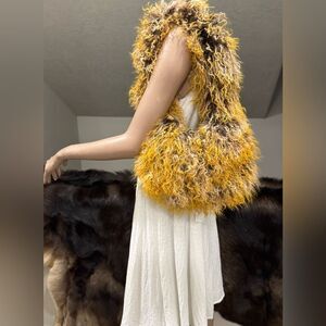 Yellow Gradient Handmade Real Mongolian Lamb Fur Hobo Bag, Shearling Crossbody